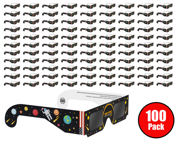 Solar Eclipse Glasses, (100 Pack)  - CE and ISO Certified For Direct Sun Viewing  - Safe Solar Viewer and Filter - Astronaut Design