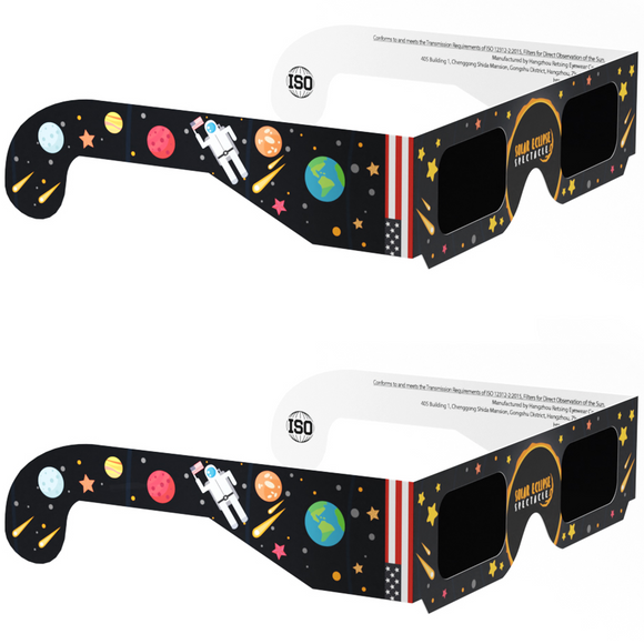 Solar Eclipse Glasses, (2 Pack)  - CE and ISO Certified For Direct Sun Viewing  - Safe Solar Viewer and Filter - Astronaut Design