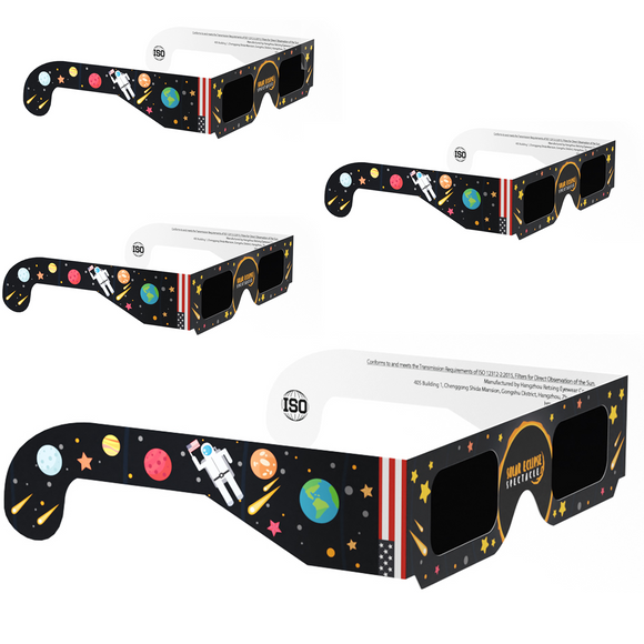 Solar Eclipse Glasses, (4 Pack)  - CE and ISO Certified For Direct Sun Viewing  - Safe Solar Viewer and Filter - Astronaut Design